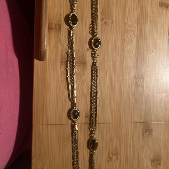 Gold Tone Multi Strand Necklace  28” Long With Amber Colored Stones - Picture 1 of 8